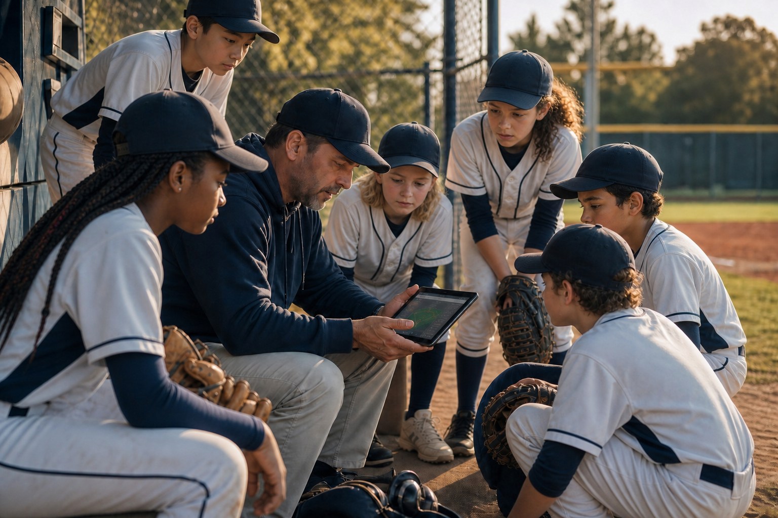 Équipe de baseball diversifiée et mixte réunie autour de son entraîneur qui utilise une tablette dans l'abri des joueurs
