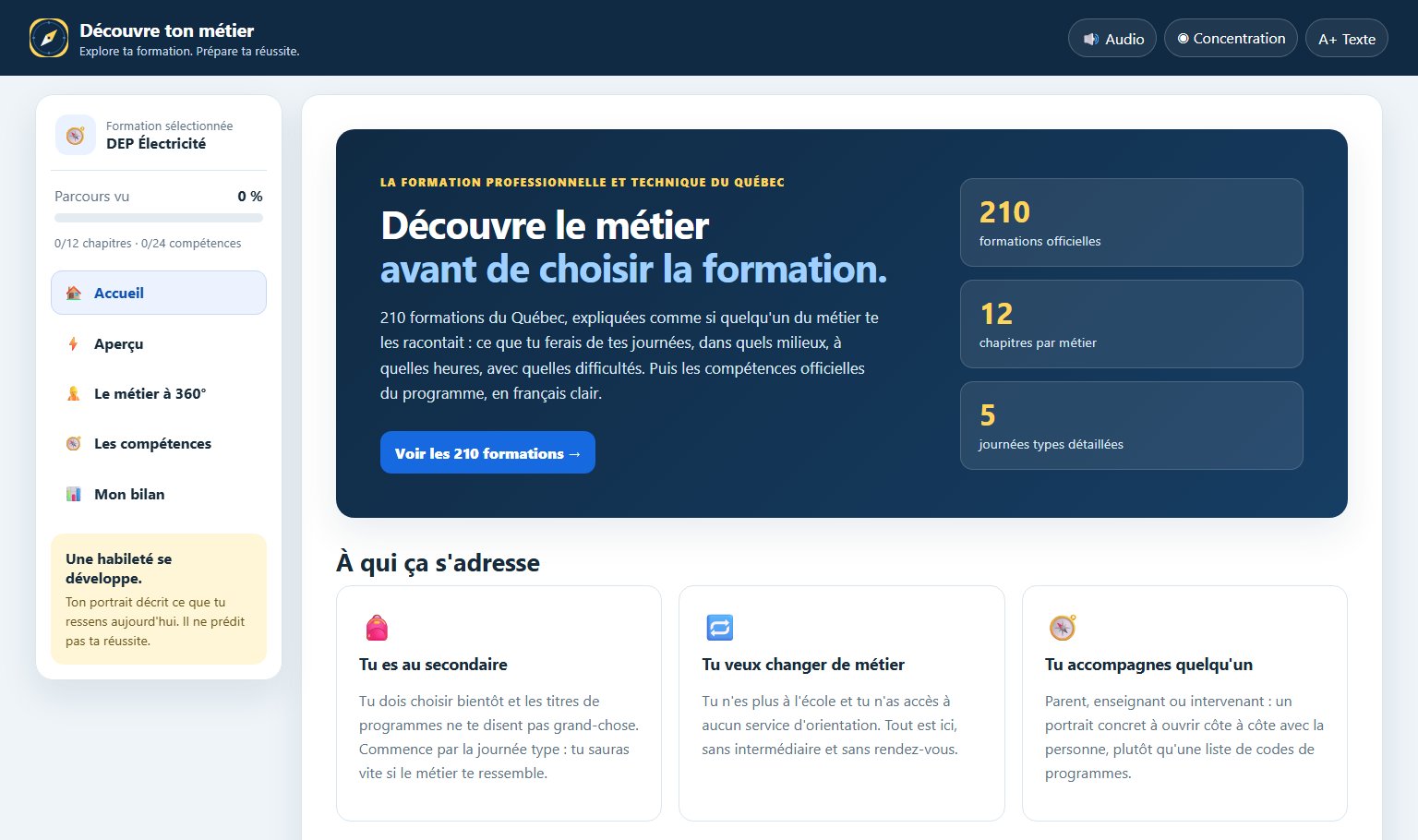 Home page of decouvretonmetier.ca showing Québec's 210 vocational and technical training programs